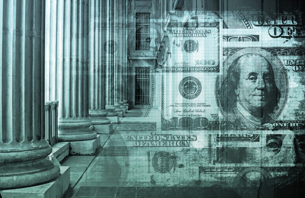 U.S. currency image imposed over building with columns