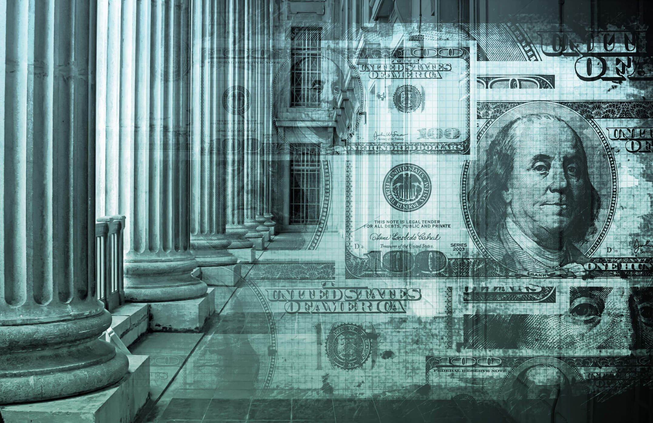 U.S. currency image imposed over building with columns