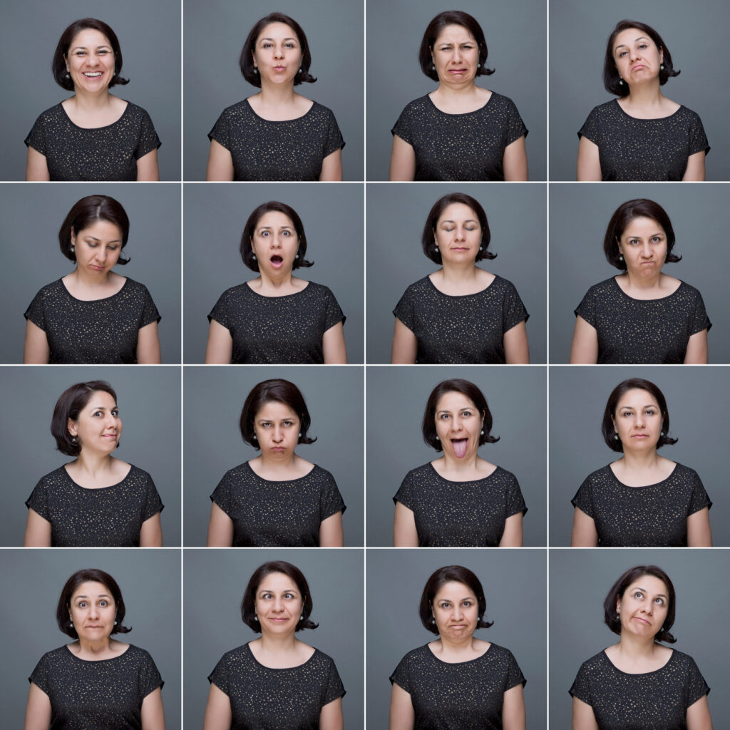 multiple images of person making facial expressions