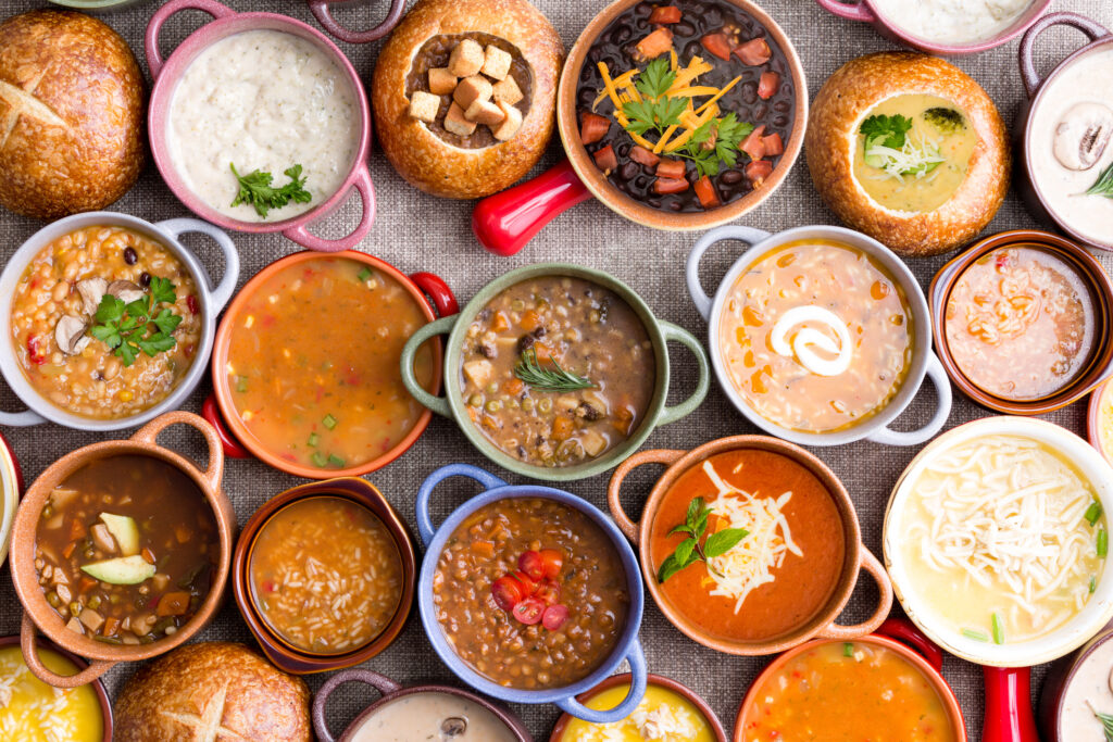 variety of garnished soups