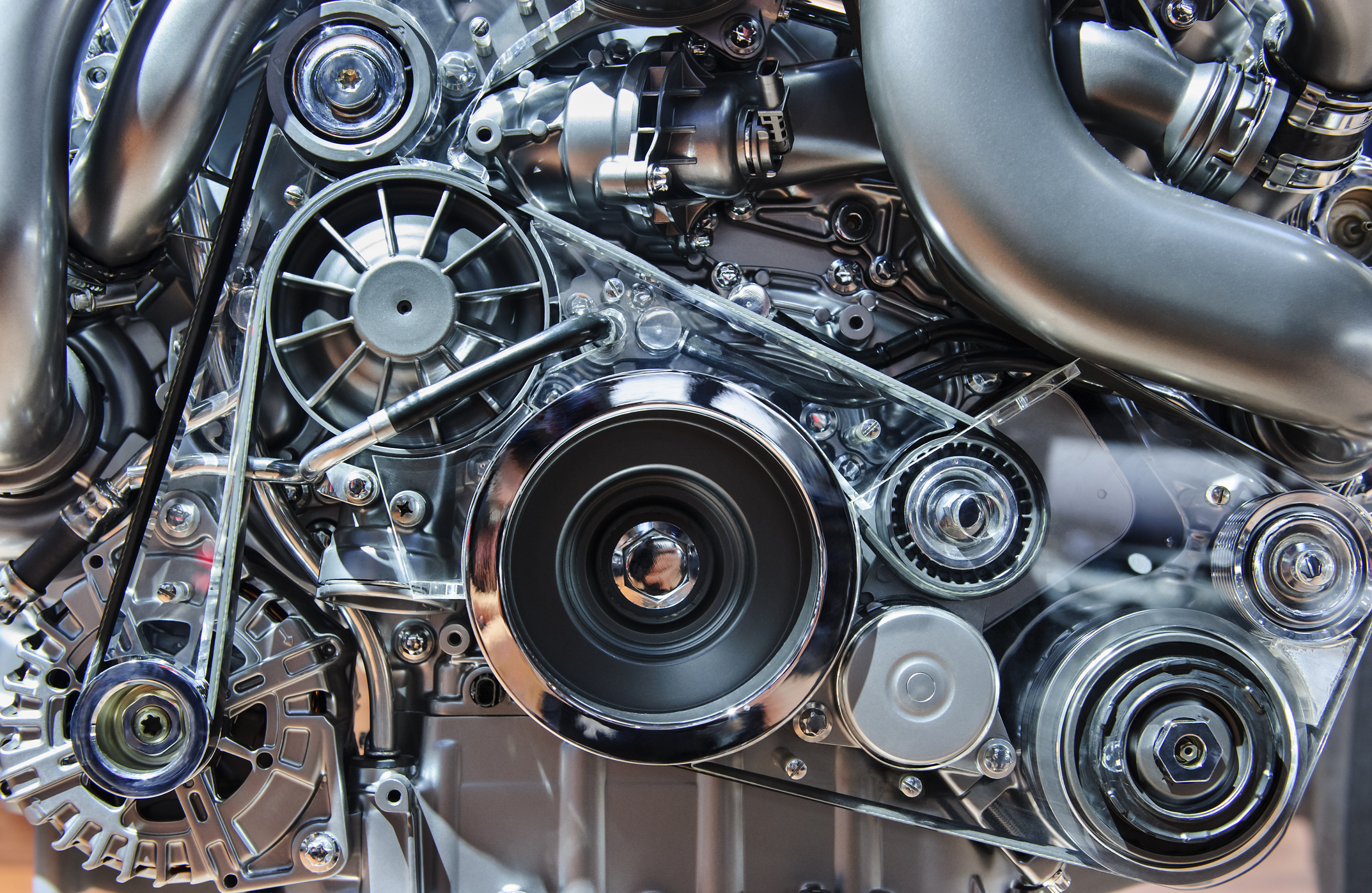 Close-up of a complex internal combustion engine