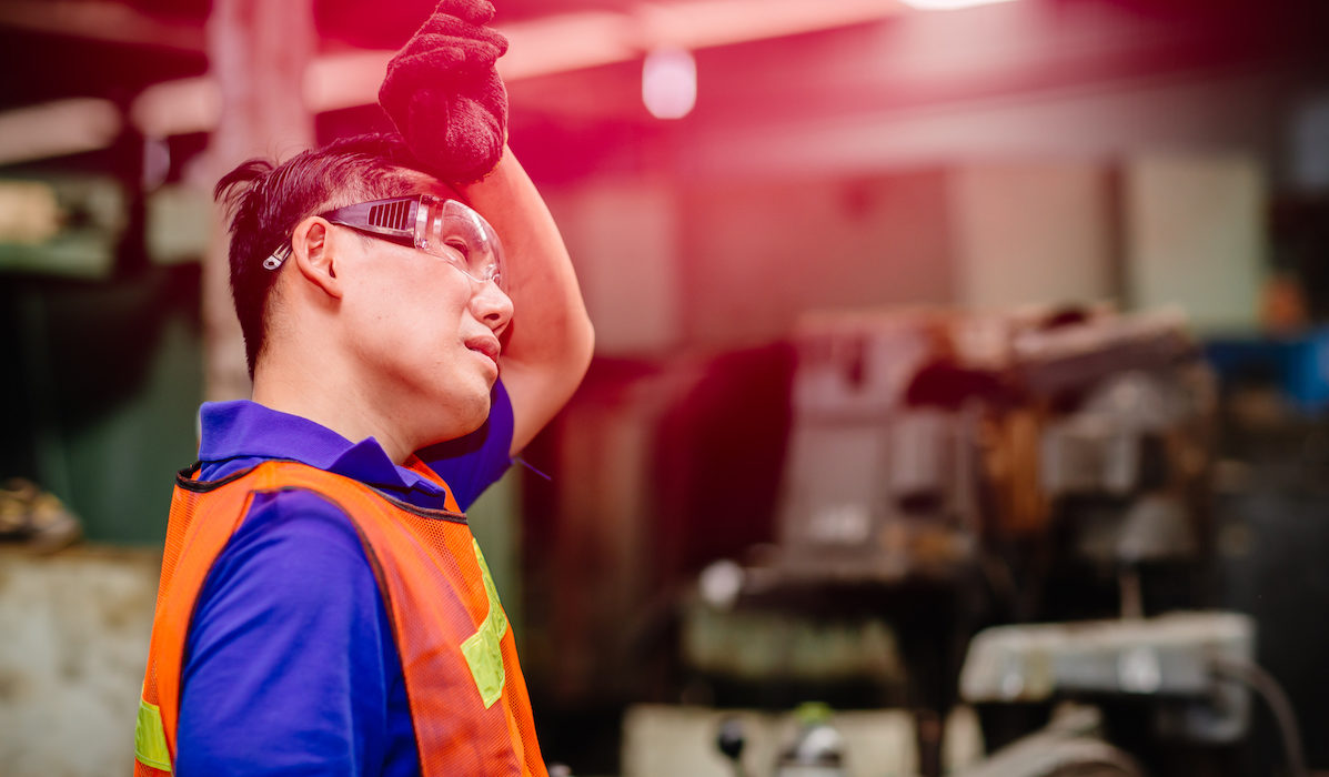 heat stressed worker, headache hot weather over heat unhealthy engineer working in heavy industry factory.